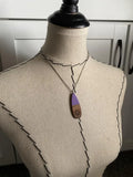 Wood and Purple Long Teardrop Pendant Necklace with Engraved Floral Detailing
