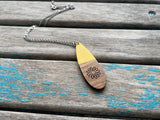 Wood and Yellow Long Teardrop Pendant Necklace with Engraved Floral Detailing