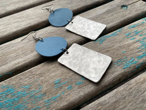 Blue and Textured Silver Statement Earrings
