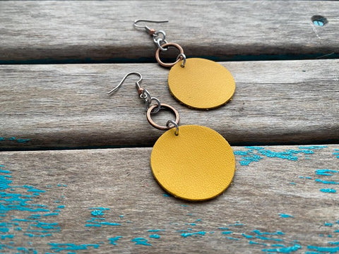 Mustard Yellow and Copper Leather Earrings
