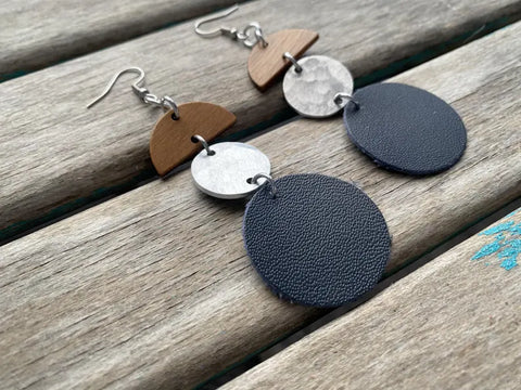 Deep Blue, Wood, and Textured Silver Earrings