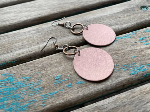 Copper and Pink Leather Earrings