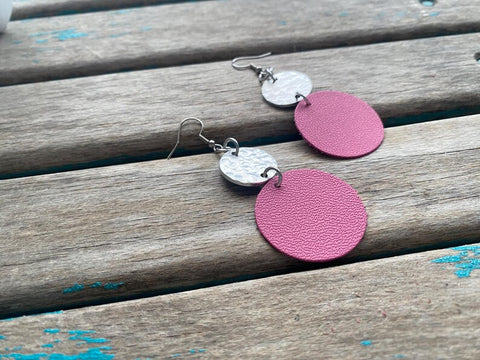 Rustic Pink & Silver Textured Earrings: Handcrafted Boho Statement Jewelry
