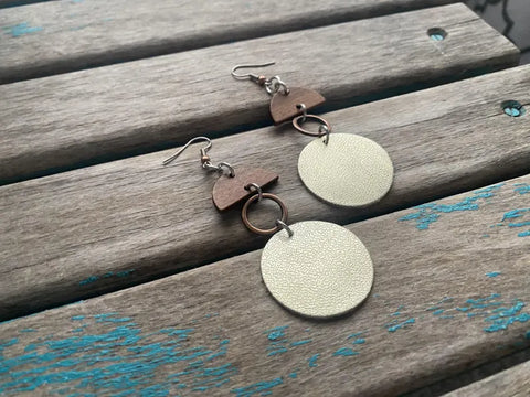 Metallic Gold, Wood, and Copper Earrings