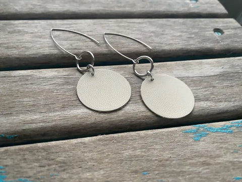 Cream and Silver Leather Earrings - Stainless Steel Hook Earrings