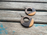 Wood, Orange, and Black Open Circle Acrylic Earrings
