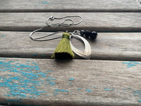 Green, Silver, and Black Cluster Drop Necklace