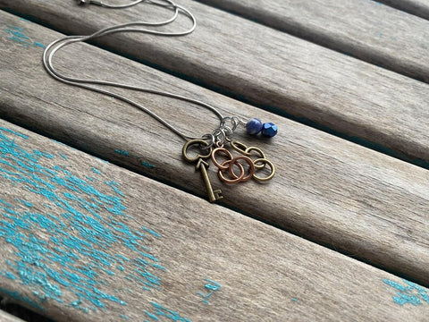 Mixed Metal, Key, and Blue Cluster Drop Necklace