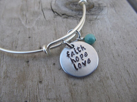 Quote Bracelet- Hand-Stamped Bracelet- "faith hope love" with an accent bead of your choice