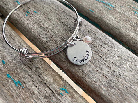 Hand-Stamped "fabulous" Bangle Bracelet with Accent Bead of your choice
