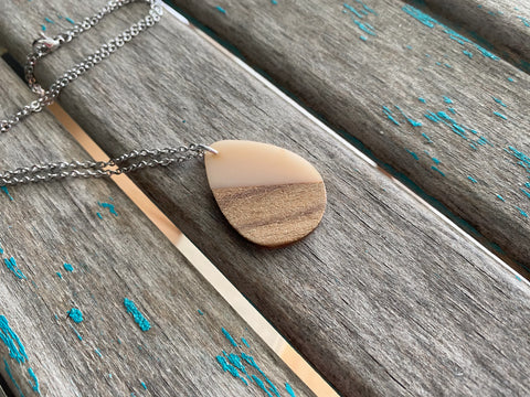 Wood and Peachy Pink Teardrop Pendant Necklace