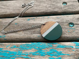 Wood, Green, and Grey Circle Drop Pendant Necklace