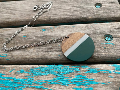 Wood, Green, and Grey Circle Drop Pendant Necklace