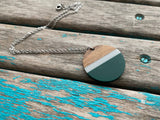 Wood, Green, and Grey Circle Drop Pendant Necklace