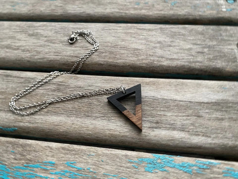 Wood and Black Triangle Pendant Necklace