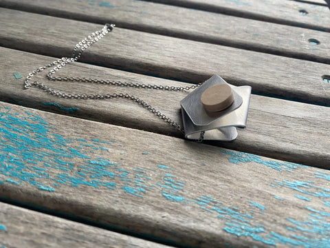 Silver and Wood Folded Metal Necklace