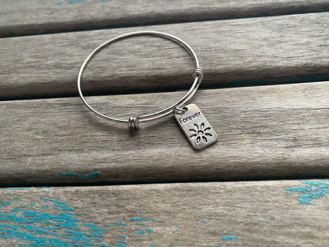SALE- Flower "Forever" Charm Bangle Bracelet - Adjustable Bracelet