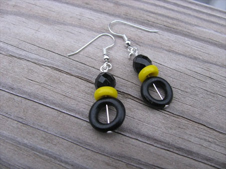 Black and Yellow, Wood and Glass Beaded Earrings