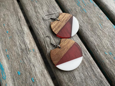 Wood, Red, and White Acrylic Earrings