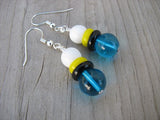 Turquoise Blue, Black, Yellow, and White Glass Beaded Earrings