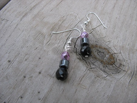 Black, Hematite, and Metallic Pink Beaded Earrings