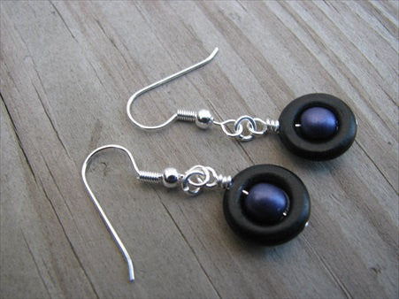 Purple and Black- Beaded Earrings- Wood and Glass