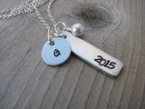 Graduation Necklace-brushed silver rectangle with "2015", and an intial charm of your choice -  Hand-Stamped Necklace with and accent bead of your choice