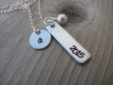 Graduation Necklace-brushed silver rectangle with "2015", and an intial charm of your choice -  Hand-Stamped Necklace with and accent bead of your choice