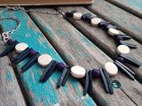 Purple, Deep Grey/Blue, and Cream Wood Spike Necklace- Statement Necklace-READY to SHIP