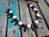 Purple, Deep Grey/Blue, and Cream Wood Spike Necklace- Statement Necklace-READY to SHIP