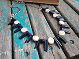 Purple, Deep Grey/Blue, and Cream Wood Spike Necklace- Statement Necklace-READY to SHIP