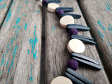 Purple, Deep Grey/Blue, and Cream Wood Spike Necklace- Statement Necklace-READY to SHIP