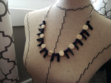 Purple, Deep Grey/Blue, and Cream Wood Spike Necklace- Statement Necklace-READY to SHIP