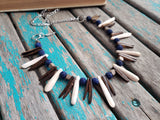 Navy and Neutral Wood Spike Necklace- Statement Necklace in Navy, Browns/Tans/Cream -READY to SHIP