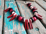 Red, Brown, and Cream Spike Necklace- Statement Necklace-READY to SHIP