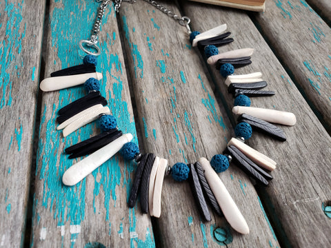 Turquoise, Black, and Cream Spike Necklace- Statement Necklace-READY to SHIP