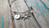 Airplane Charm Bracelet- Adjustable Bangle Bracelet with an Initial Charm and an Accent Bead of your choice