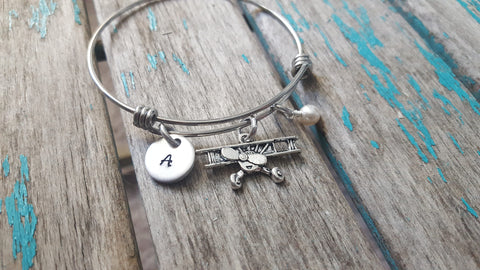 Airplane Charm Bracelet- Adjustable Bangle Bracelet with an Initial Charm and an Accent Bead of your choice