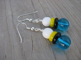 Turquoise Blue, Black, Yellow, and White Glass Beaded Earrings