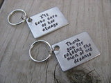 Keychain Set- Mother in Law Gifts- "Thank you for raising the man of my dreams" and "I'll take care of her always" - Hand Stamped Metal Keychains