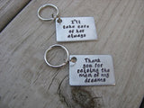 Keychain Set- Mother in Law Gifts- "Thank you for raising the man of my dreams" and "I'll take care of her always" - Hand Stamped Metal Keychains