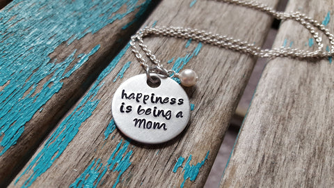 Mother’s Inspiration Necklace- "happiness is being a mom” - Hand-Stamped Necklace with an accent bead in your choice of colors