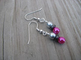Hot Pink, Hematite, and Silver Glass Beaded Earrings