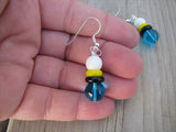 Turquoise Blue, Black, Yellow, and White Glass Beaded Earrings