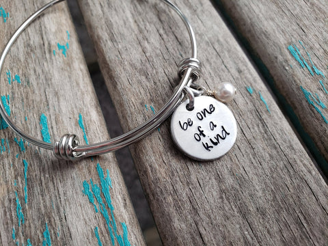Be One Of a Kind Bracelet- "be one of a kind" - Hand-Stamped Bracelet  -Adjustable Bangle Bracelet with an accent bead of your choice