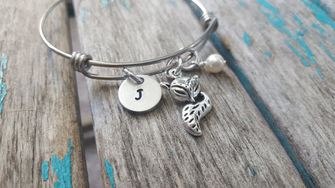 Fox Charm Bracelet- Adjustable Bangle Bracelet with an Initial Charm and an Accent Bead of your choice