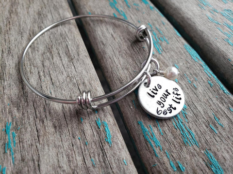 Live Your Best Life Bracelet- "live your best life" - Hand-Stamped Bracelet  -Adjustable Bangle Bracelet with an accent bead of your choice