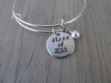 Graduation Bracelet- Adjustable Bangle Bracelet with "class of 2015" and an accent bead of your choice- Gift for Grad