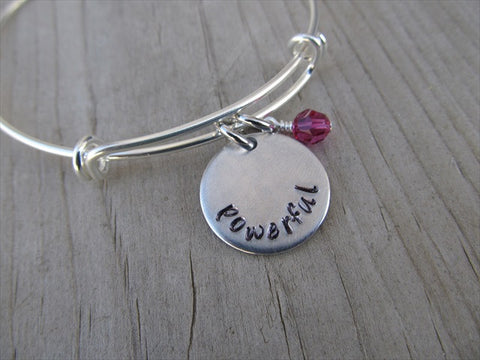 Powerful Inspiration Bracelet- "powerful"  - Hand-Stamped Bracelet- Adjustable Bangle Bracelet with an accent bead of your choice
