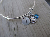 Flower Charm Bracelet- Adjustable Bangle Bracelet with an Initial Charm and an Accent Bead of your choice